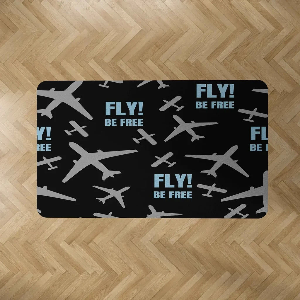 Fly Be Free (Black) aviation design on durable carpet pile with non-slip backing rectangle carpet floor mat.