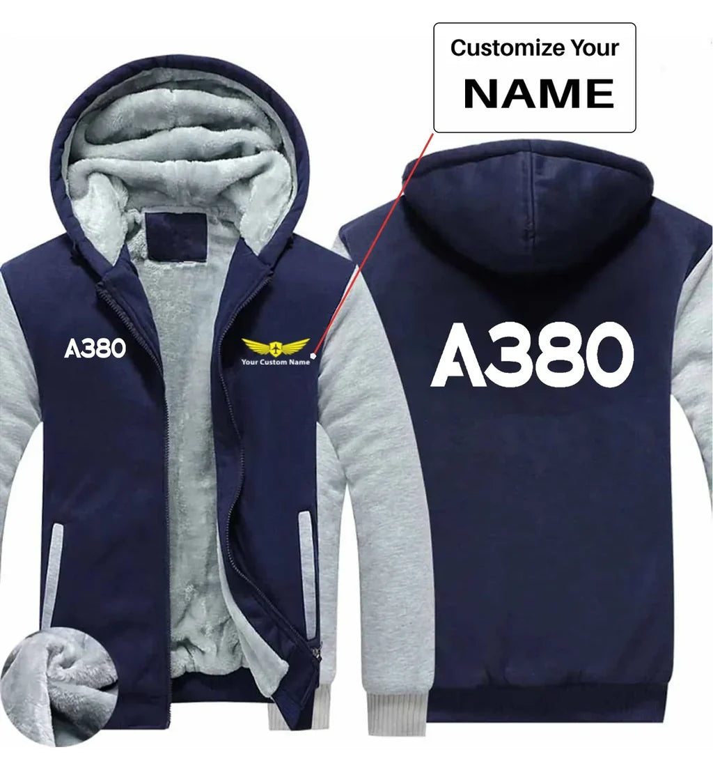 Airbus A380 Flat Text aviation design printed on soft cotton blend zipped sweatshirt.