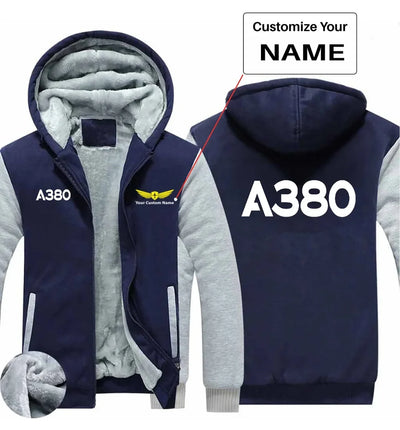 Airbus A380 Flat Text aviation design printed on soft cotton blend zipped sweatshirt.