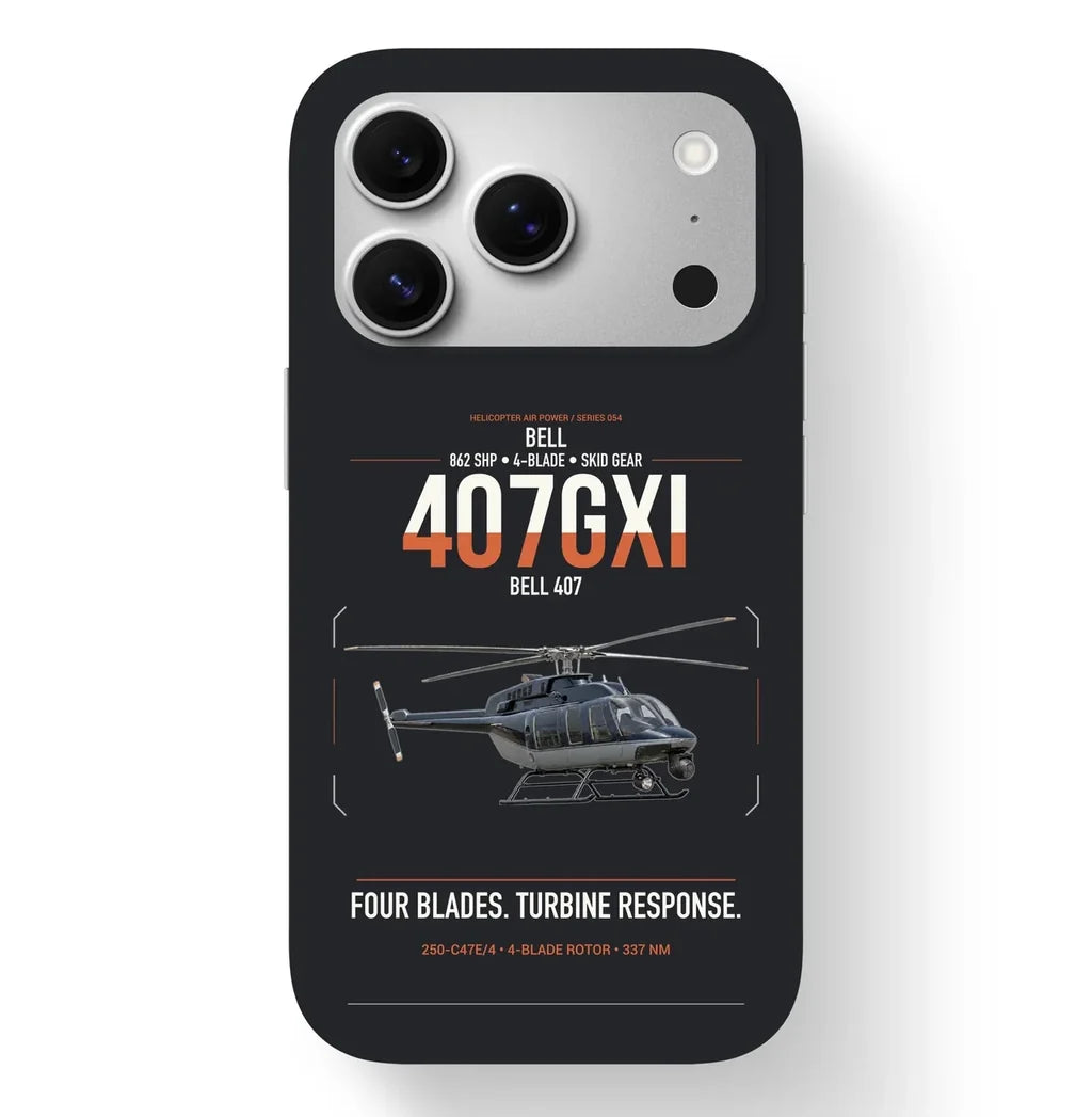 Bell 407GXi design on black magsafe iphone case, for iPhone 17 Pro