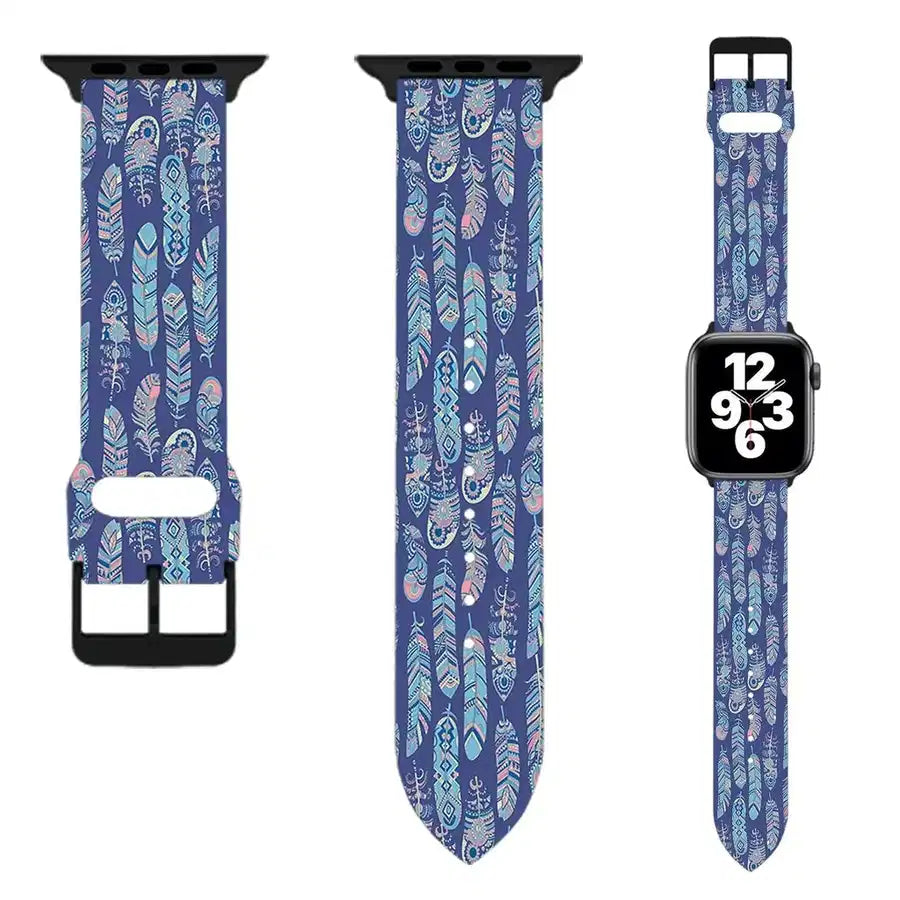 Side view of Seamless Ethnic Feathers aviation Apple Watch band in soft silicone, polished finish.