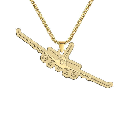 Side view of Airbus A330 Silhouette aviation hollow necklace in polished metal, polished finish.