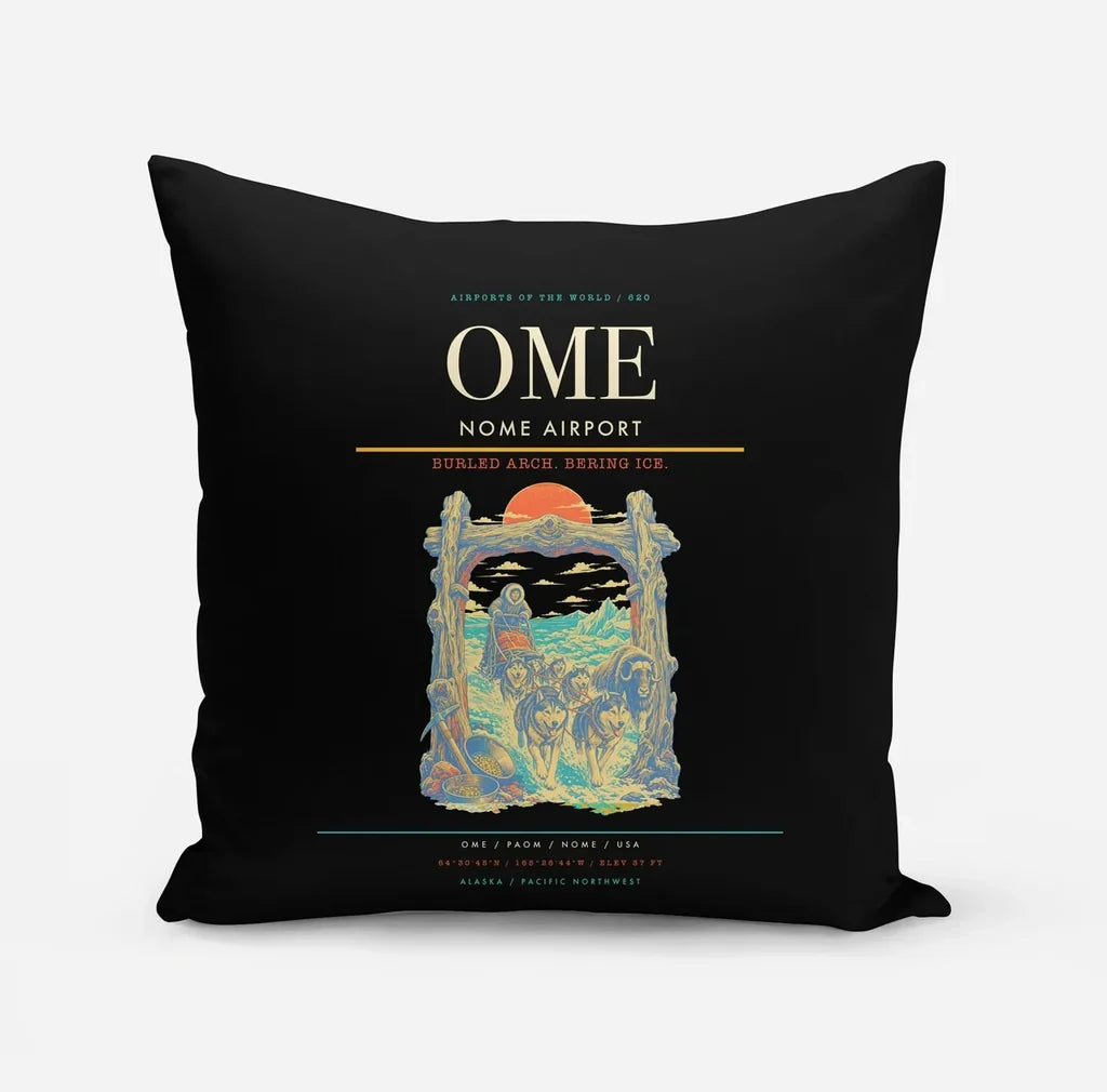 Nome Airport (OME) design on black pillow