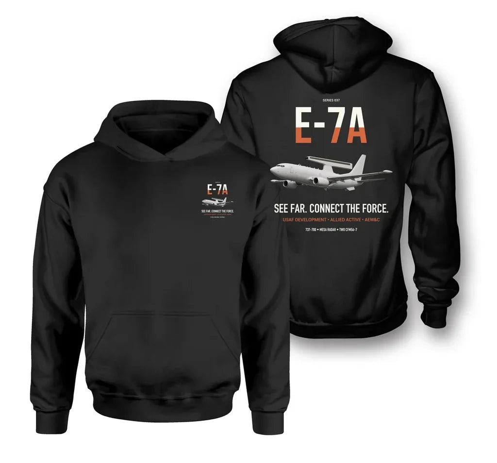 E-7A Wedgetail design on black double-side hoodie, double-side print