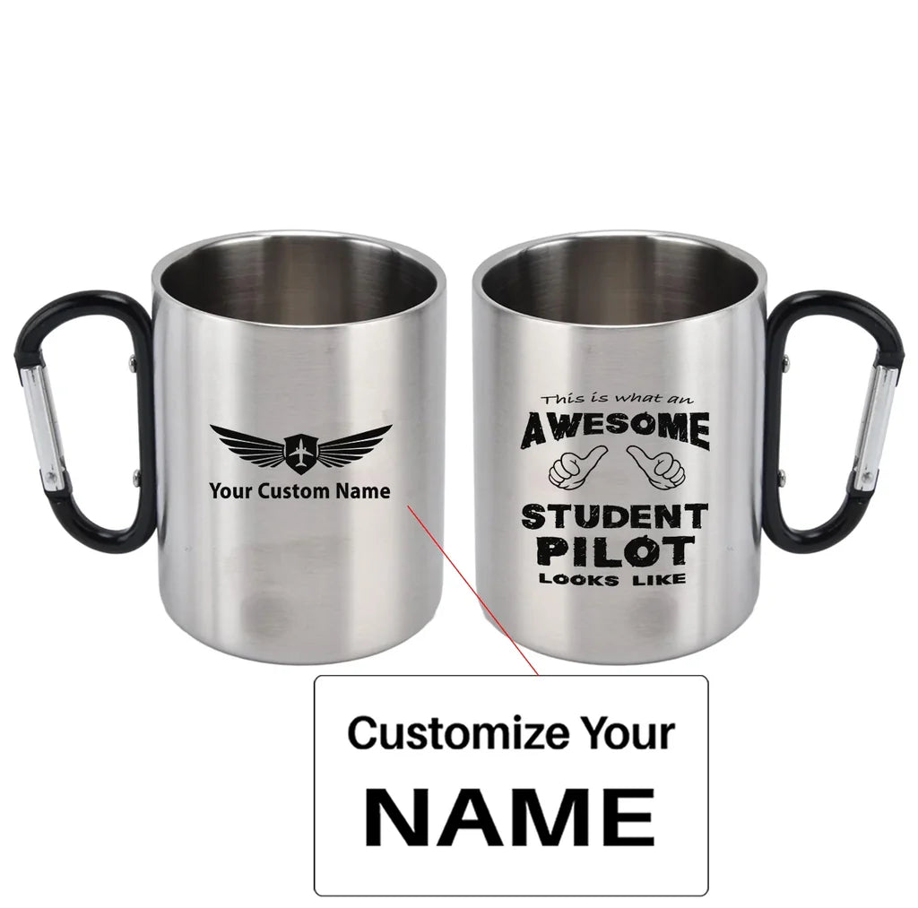 Student aviation design on outdoor mug, durable insulated construction.