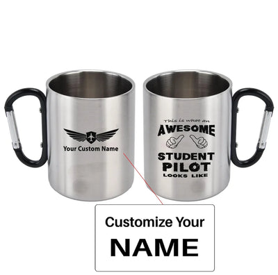 Student aviation design on outdoor mug, durable insulated construction.