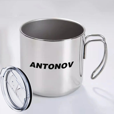 Antonov & Text aviation design on portable mug, vacuum-insulated double-wall.