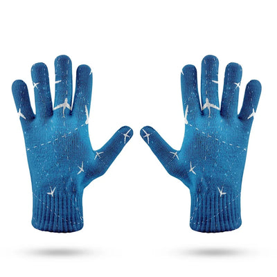 Travelling with Aircraft (Blue) aviation design on soft knit fabric gloves.