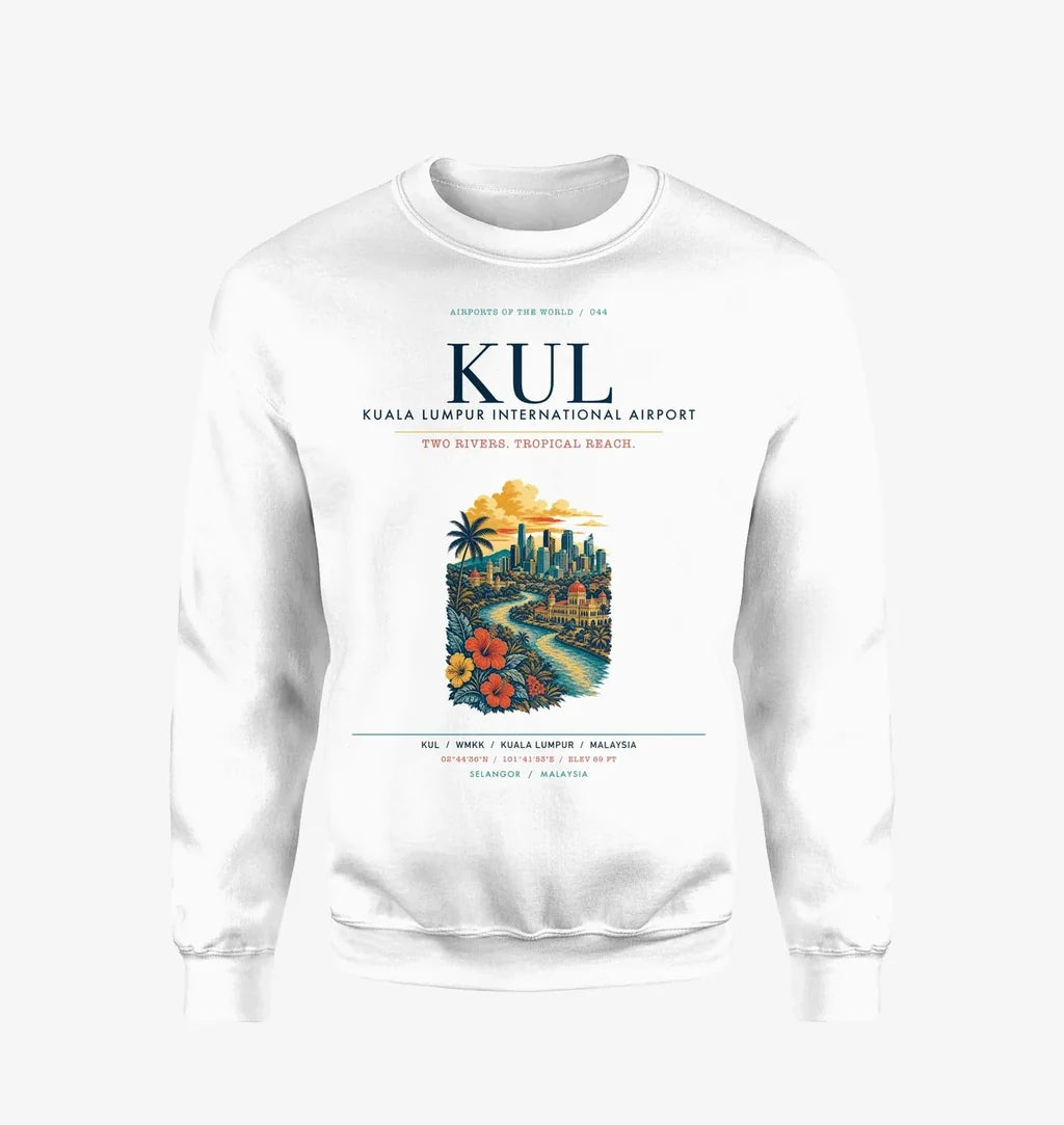 Kuala Lumpur International Airport (KUL) design on white sweatshirt