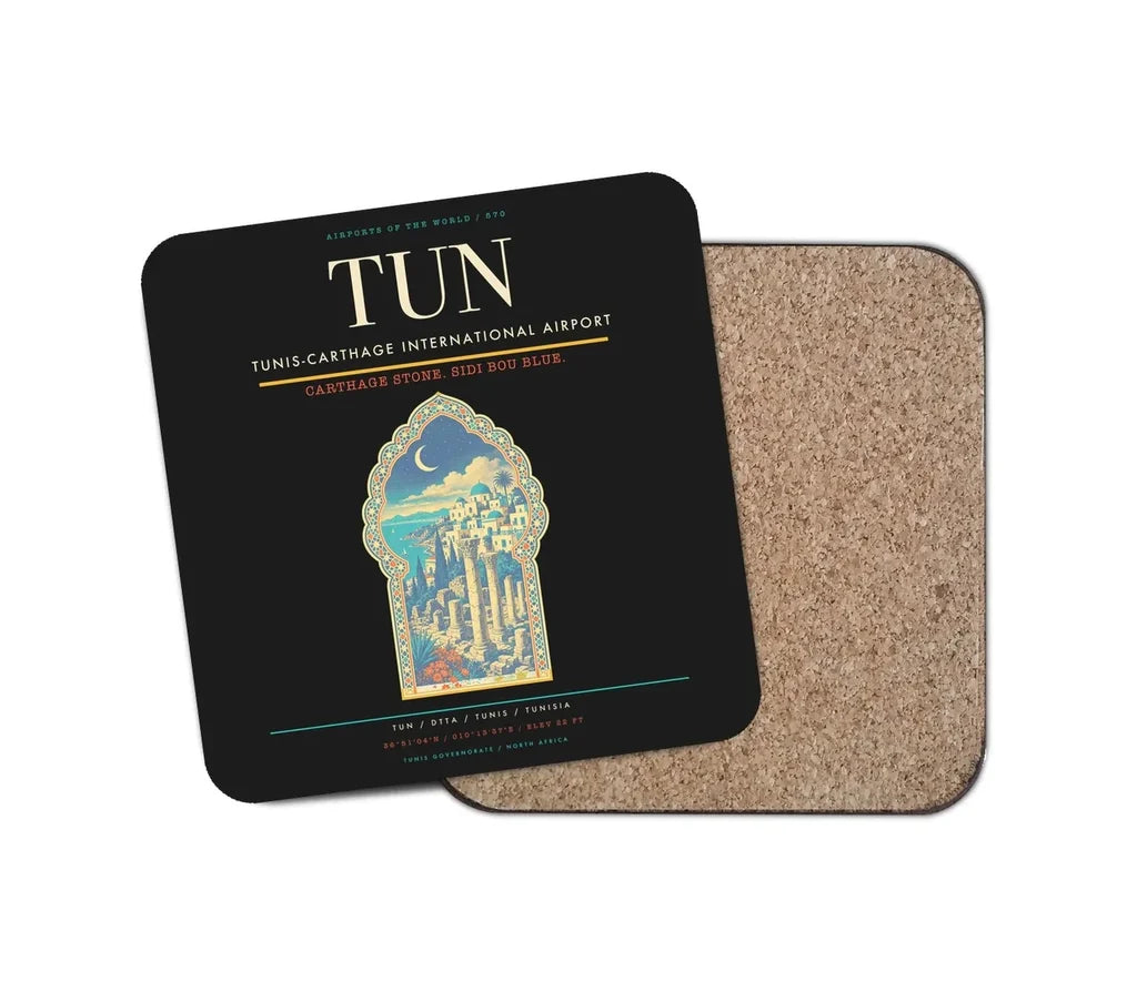 Tunis-Carthage International Airport (TUN) design on black 1 piece coaster