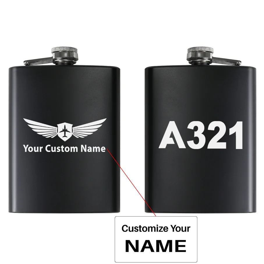 Airbus A321 Flat Text aviation design on stainless hip flask, compact pocket-size flask.