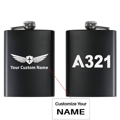 Airbus A321 Flat Text aviation design on stainless hip flask, compact pocket-size flask.