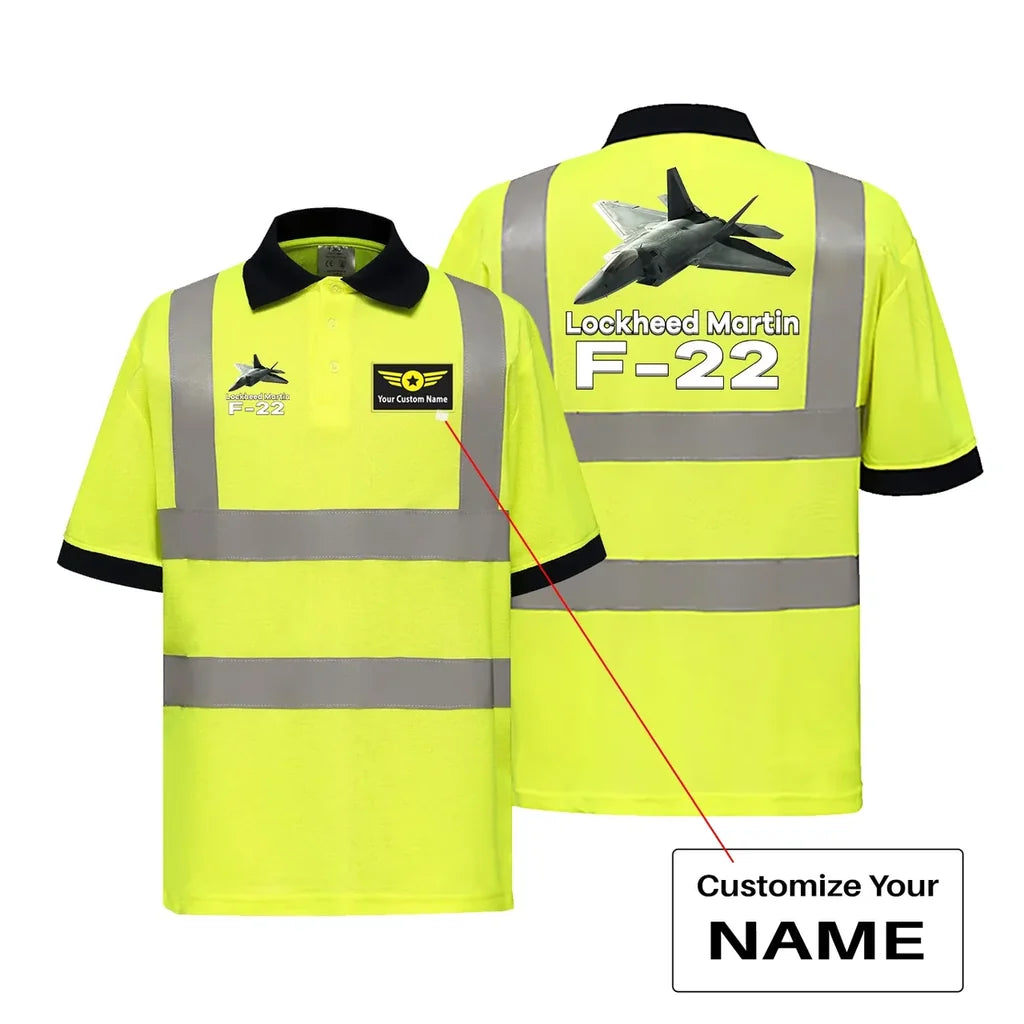 The Fighter Jet 22 Silhouette aviation design printed on soft cotton reflective polo shirt.