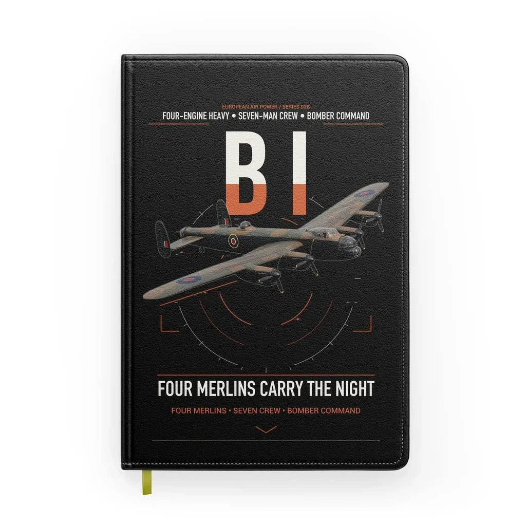 Avro Lancaster B I design on black notebook