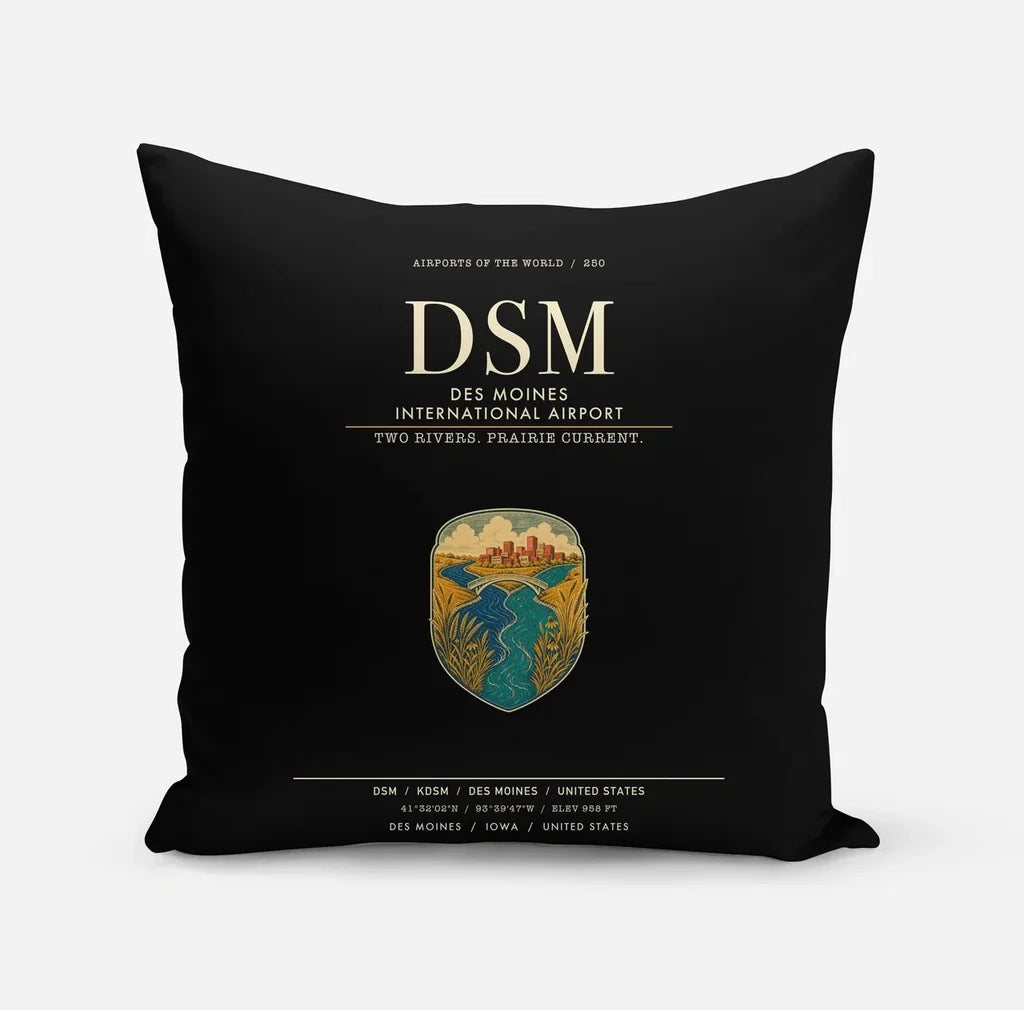 Des Moines International Airport (DSM) design on black pillow