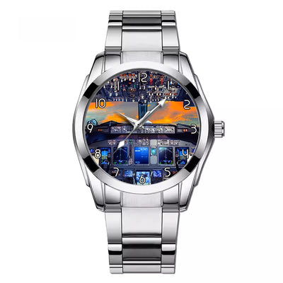 Amazing Boeing 737 Cockpit aviation-themed watch with stainless steel band, polished stainless steel.