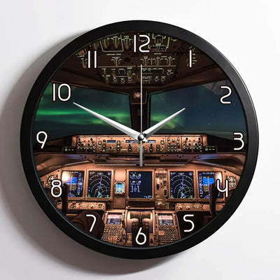 Boeing 777 Cockpit aviation design on premium wood and metal wall clock.
