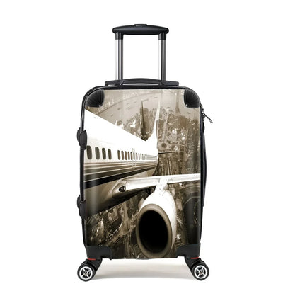 Departing Aircraft & City Scene behind Cabin Size aviation print luggage, durable shell.