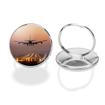 Landing Boeing 747 During Sunset aviation ring in stainless steel.