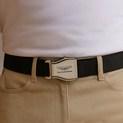 Custom Name (US Air Force & Star) aviation seat-belt buckle accessory, real seat-belt webbing.