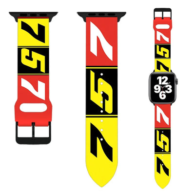 Side view of Flat Colourful 757 aviation Apple Watch band in soft silicone, polished finish.