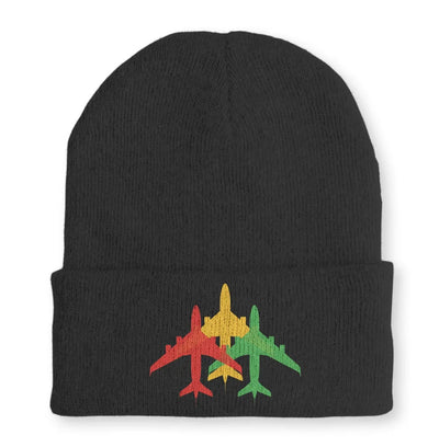 Colourful 3 Airplanes Embroidered aviation embroidery on soft knit fabric beanie.