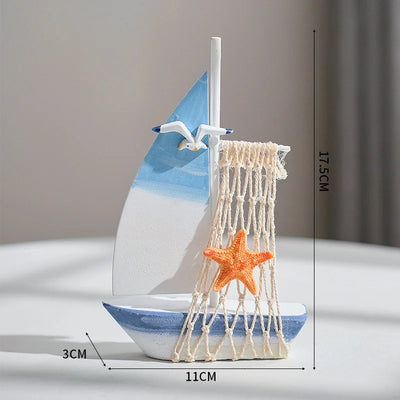 Side view of Light Blue Starfish Helmsman Nautical Wooden Sailboat Model Ornament aviation model ship in diecast metal or woo.