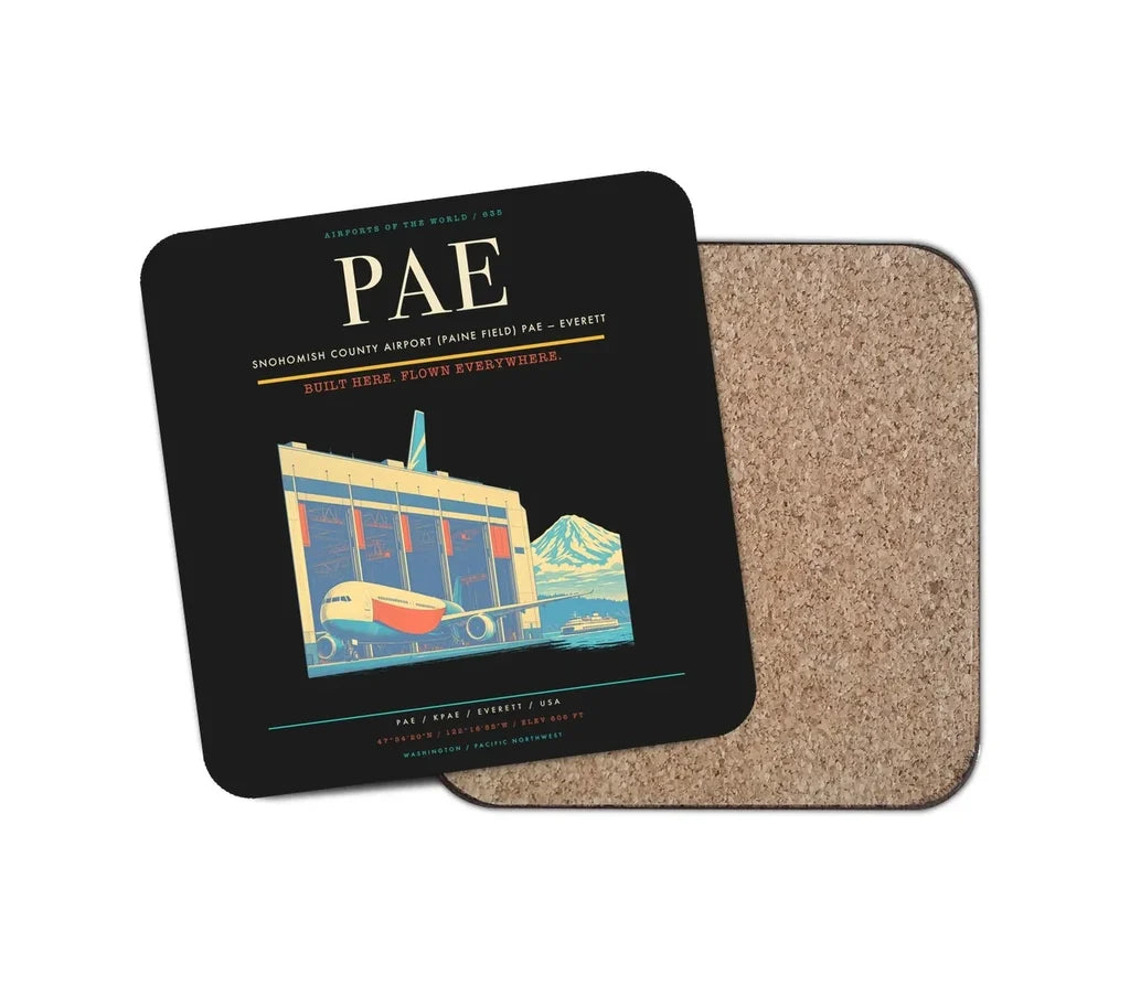 Snohomish County Airport (Paine Field) (PAE) design on black 1 piece coaster