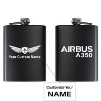 Thumbnail for Airbus A350 & Text aviation design on stainless hip flask, compact pocket-size flask.