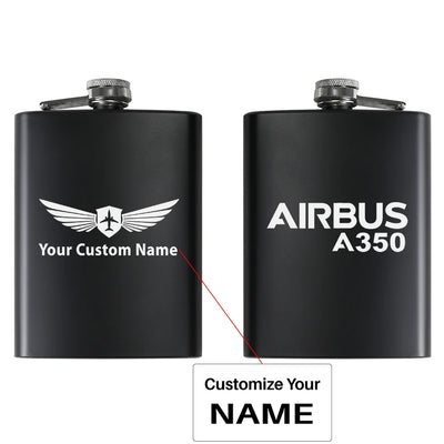 Airbus A350 & Text aviation design on stainless hip flask, compact pocket-size flask.