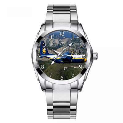 Side view of Amazing View with Blue Angels Aircraft aviation watch with stainless steel band in stainless steel, polished fin.