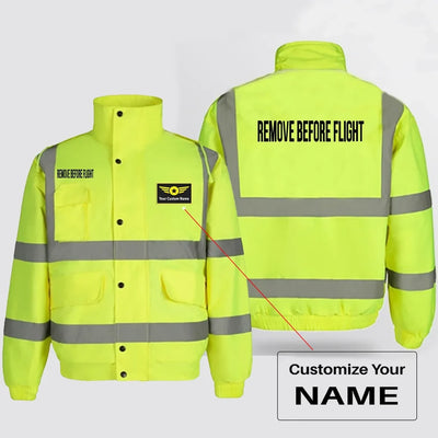 Remove Before Flight 2 aviation design printed on insulated shell with high-visibility reflective panels reflective winter jacket.