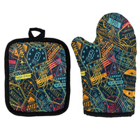 Thumbnail for Dark Coloured Passport Stamps Kitchen Glove & Holder aviation design on durable fabric with insulated lining kitchen glove holder.