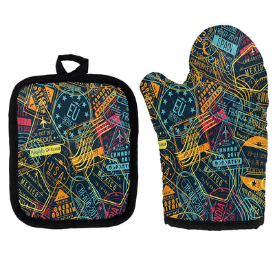 Dark Coloured Passport Stamps Kitchen Glove & Holder aviation design on durable fabric with insulated lining kitchen glove holder.