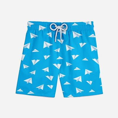 Paper Airplanes aviation print swim trunks, quick-dry polyester.