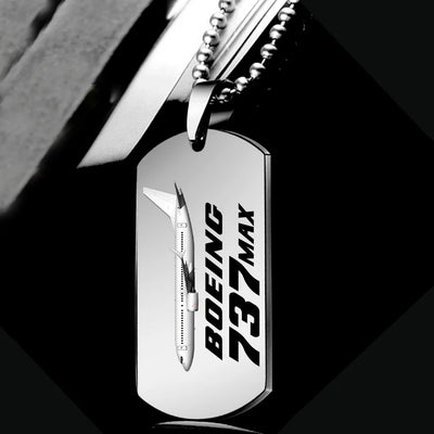 The Boeing 737Max aviation necklace, polished metal body with engraved detail.