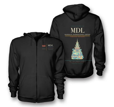 Mandalay Airport (MDL) design on black premium zipped hoodie
