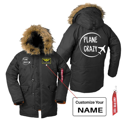 Plane Crazy aviation design printed on heavyweight shell with hooded warmth parka bomber.