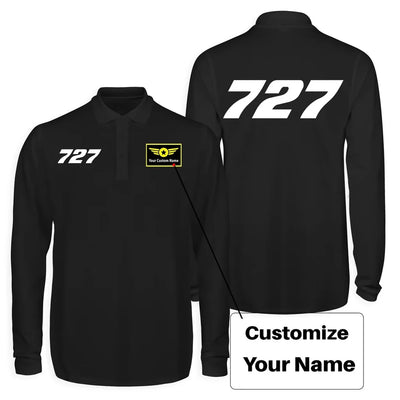 Boeing 727 Flat Text Long Sleeve Polo T-Shirts (Double-Side) aviation design printed on soft cotton long-sleeve double-side polo.