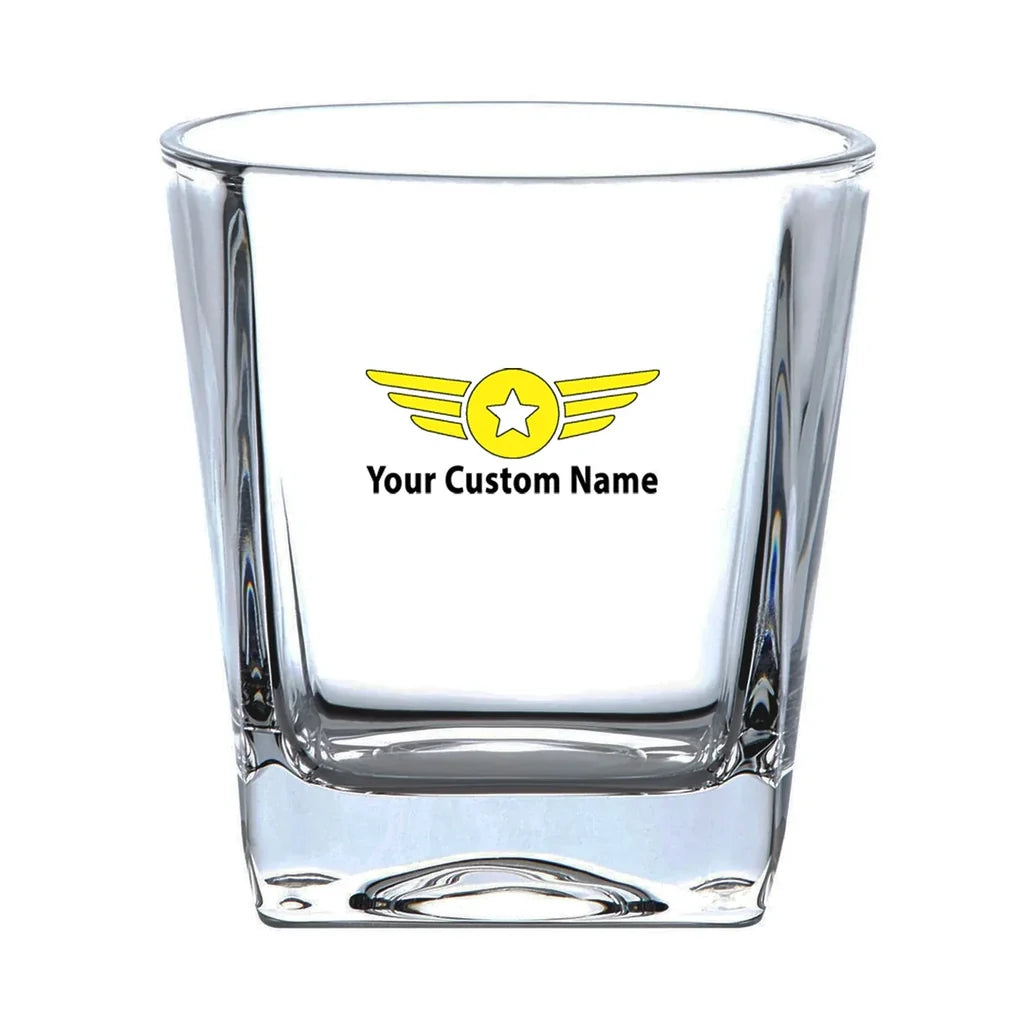 Custom Name "Badge 4" aviation design on whiskey glass, crystal-clear premium glassware.