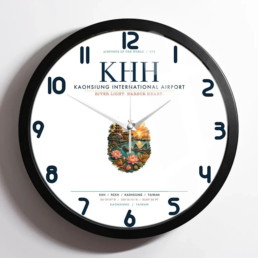 Kaohsiung International Airport (KHH) design on white framed wall clock