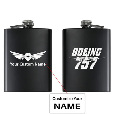 Amazing Boeing 757 aviation design on stainless hip flask, compact pocket-size flask.