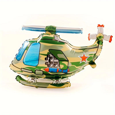 Camo 3D Aircraft Balloon: Cartoon Helicopter Shape, Aluminum Foil Construction for Eye-Catching Decor aviation themed airplan.