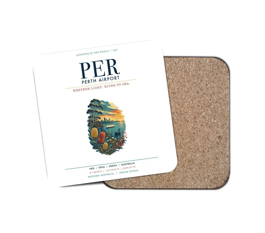 Perth Airport (PER) design on white 1 piece coaster