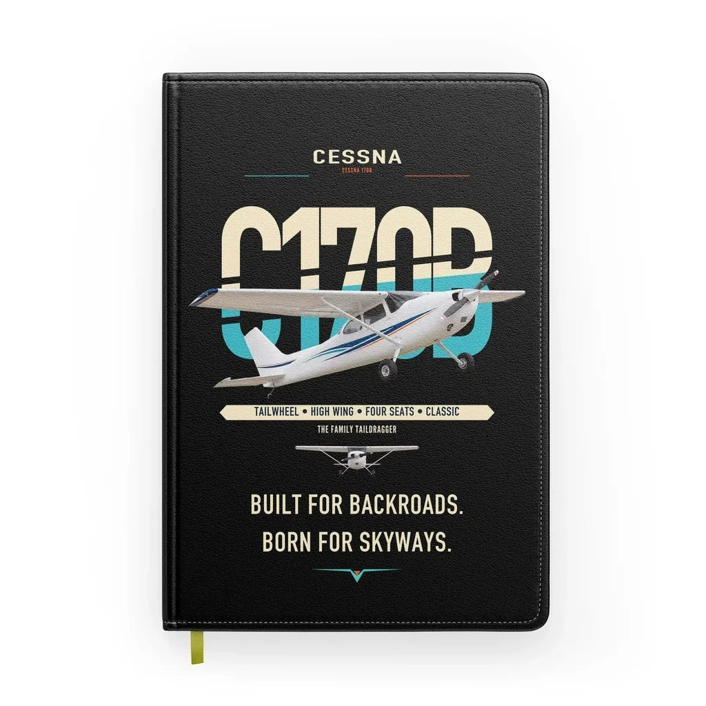 Cessna 170B design on black notebook