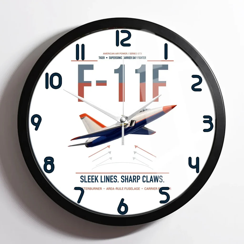 F-11F Tiger design on white framed wall clock