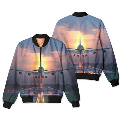 Super Airbus A380 Landing During Sunset aviation design printed on padded shell with full sublimation print 3D bomber jacket.
