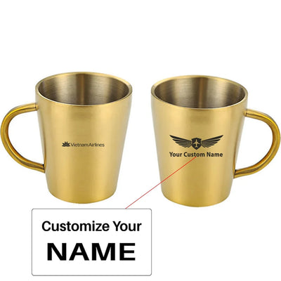 Vietnam Airlines aviation design on stainless coffee mug, durable stainless steel construction.