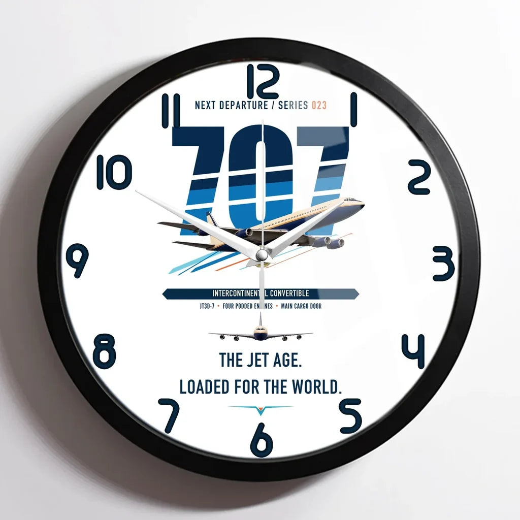 Boeing 707-320C design on white framed wall clock