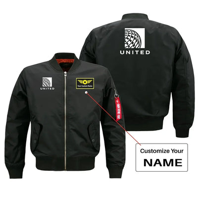 United Airlines aviation design with custom name embroidered on black bomber jacket